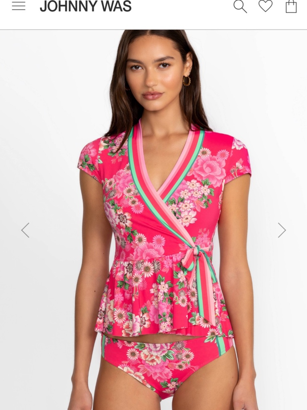 Johnny Was Hot Pink Floral Wrap-Front Peplum Tunic with bikini bottom